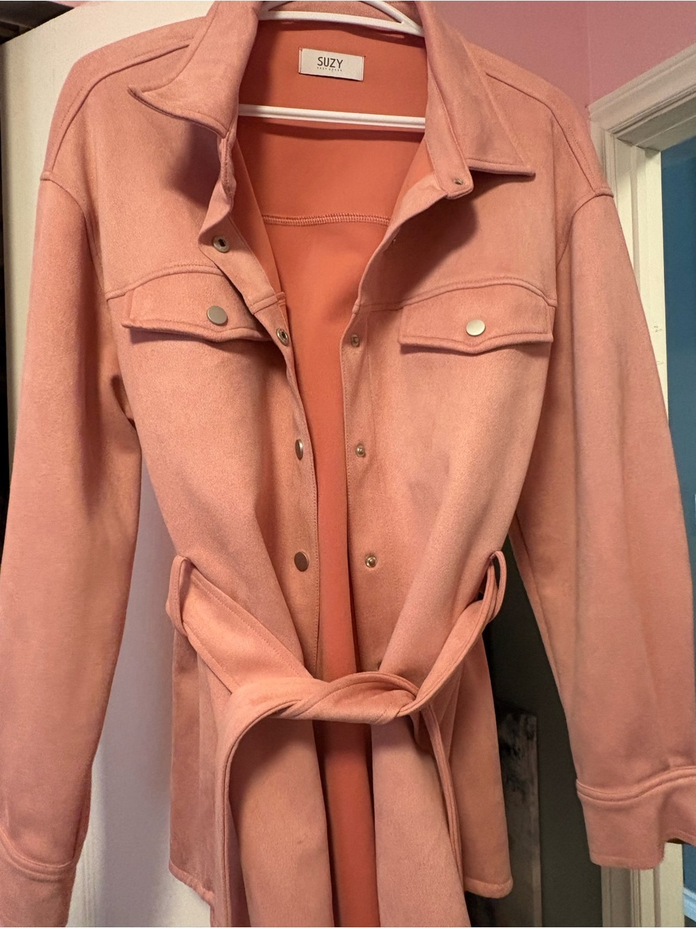Suzy Shier Dusty Pink Belted Jacket